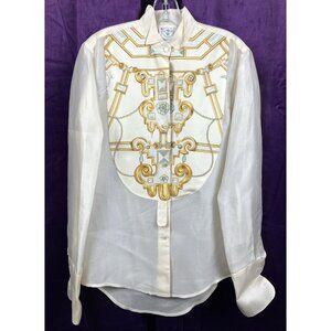 M Wathne Bib Shirt Baroque Scarf trompe l'oeil  Print Blouse Top Floral sILK